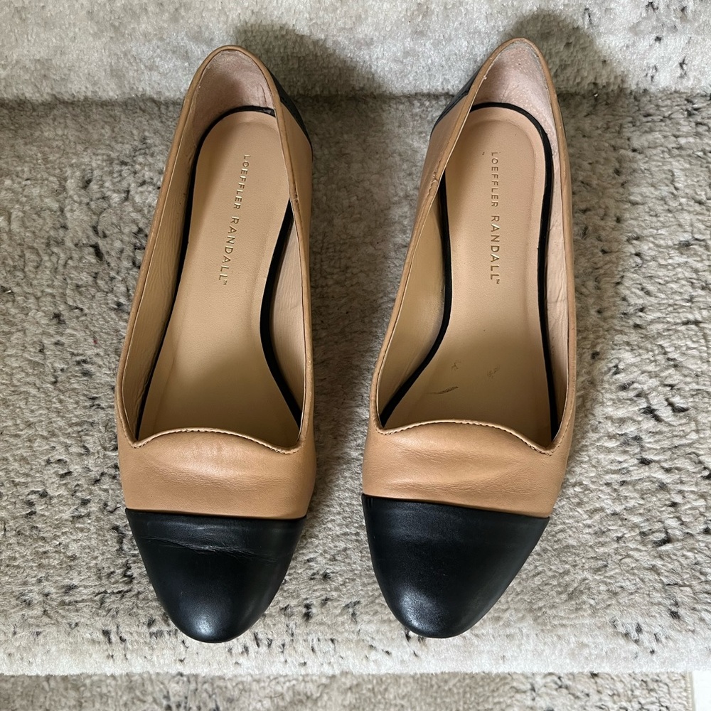 Loeffler Randall Tan and Black Leather Cap-Toe Flats
